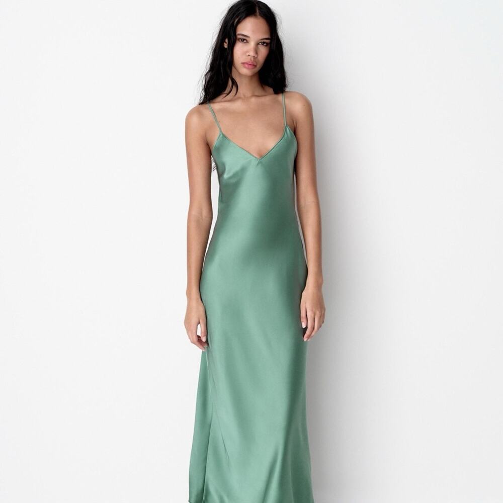 Zara Green Slip Dress Open Back - Size M - NWT